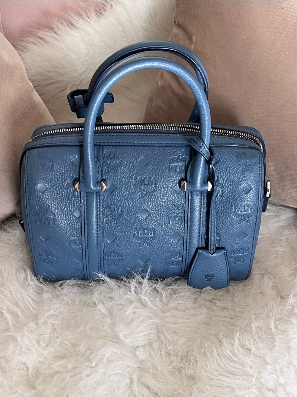 MCM Denim Blue Leather Speedy Boston Bag Crossbody w/Embossed Logo + Dust Bag